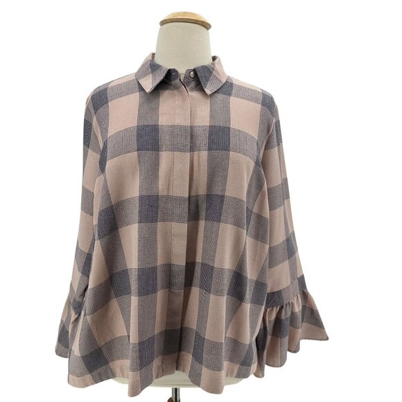 Lane Bryant Tops - NEW Lane Bryant Womens 22 Top Bell Sleeve Checker Pink Blue Hidden Button